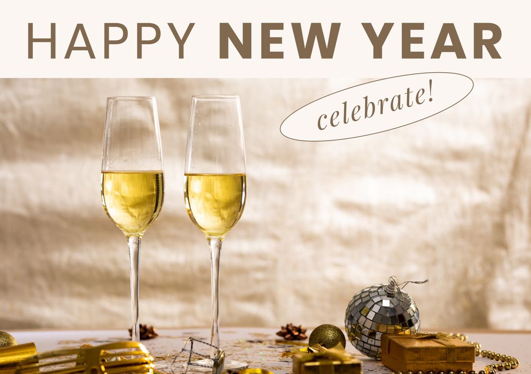 Image of happy new year, glasses with champagne and disco ball on beige background - Download Free Stock Templates Pikwizard.com