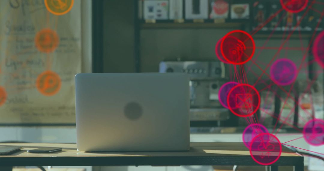 Laptop in Cafe with Digital Interface Icons Displaying Connectivity