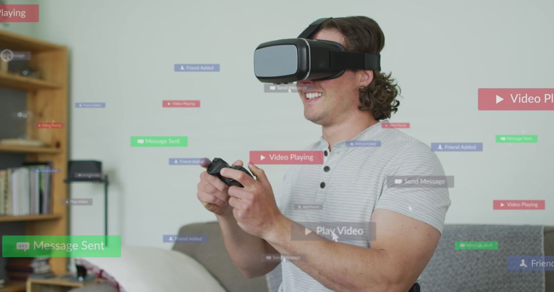 Excited Man Engaging with VR and Digital Data Stream