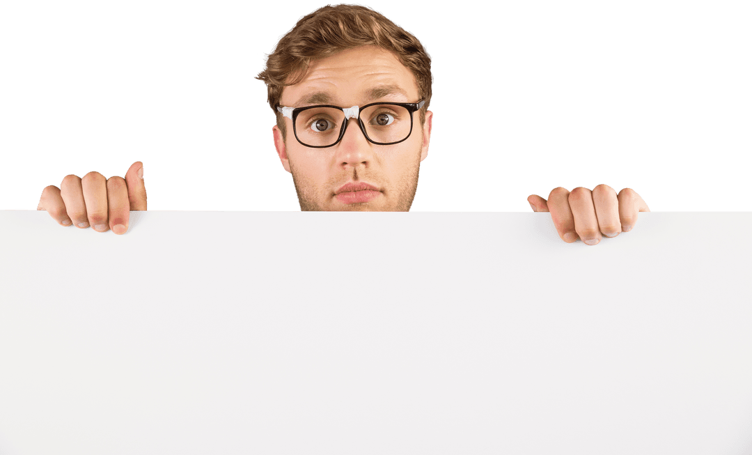 Geeky Hipster Holding Blank Transparent Card Concept