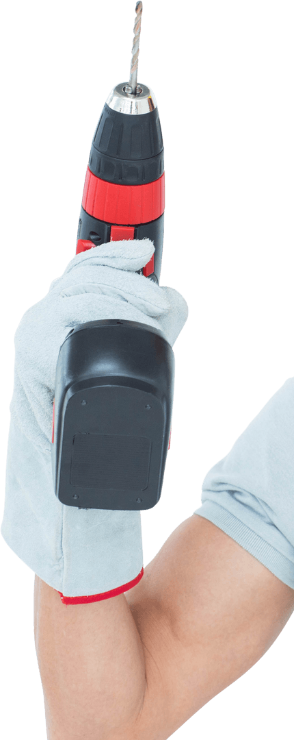 Hand Wearing Gloves Holding Cordless Drill Transparent Background