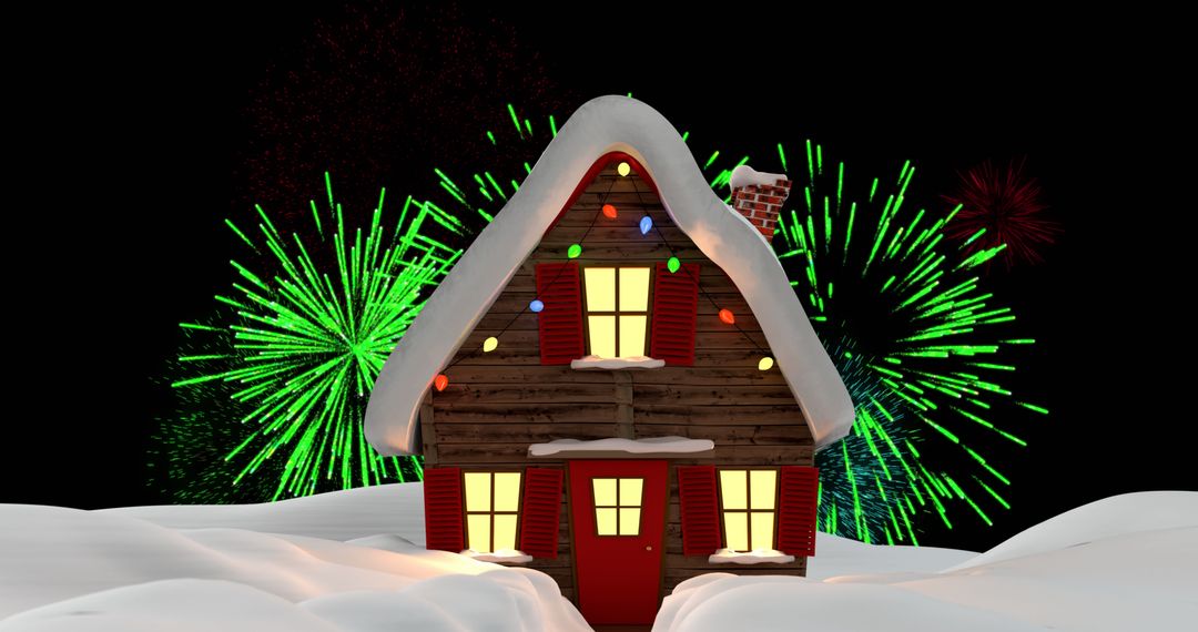 Festive House with Fireworks Display in Snowy Evening