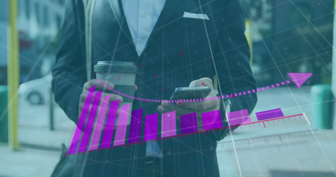 Businessman Using Phone with Graph Overlay Showing Loss Trends