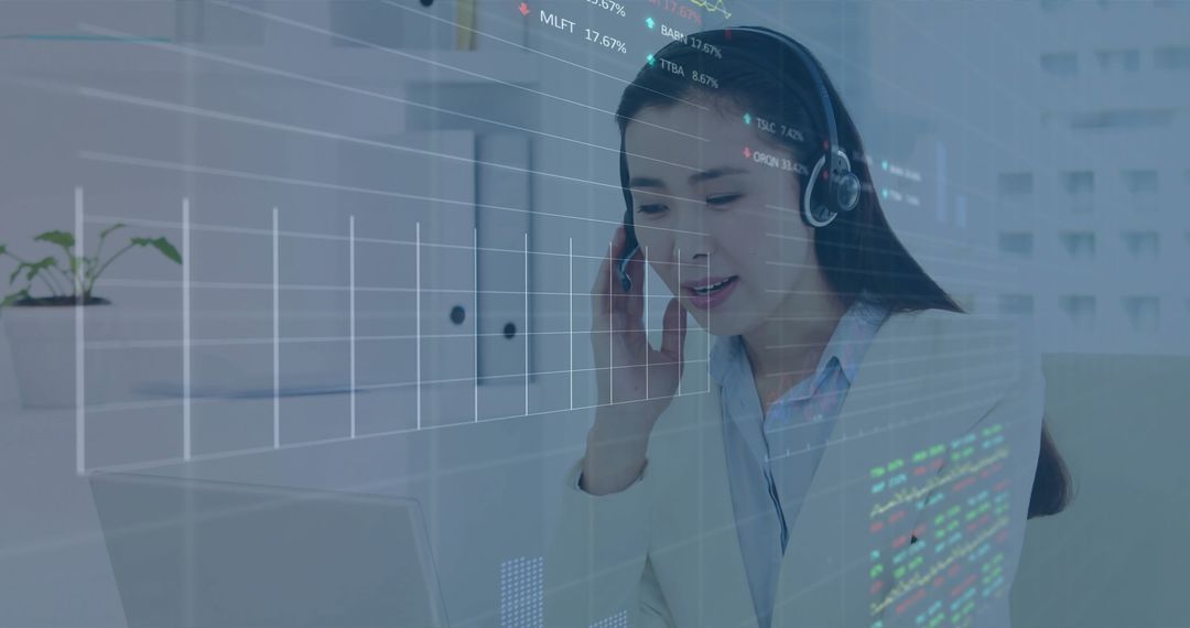 Business Professional Analyzing Financial Data with Headset