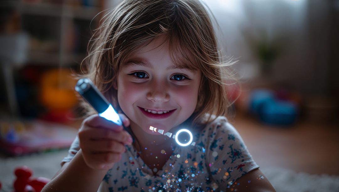Smiling girl shining LED torch through glitter in cozy playroom creating magical bokeh