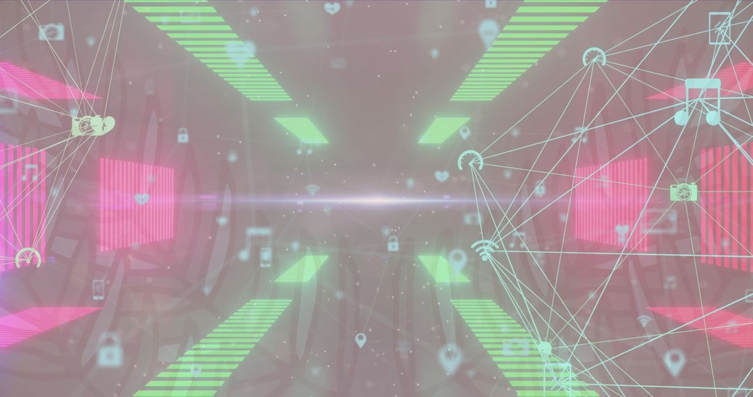 Futuristic Digital Network with Neon Lights and Icons