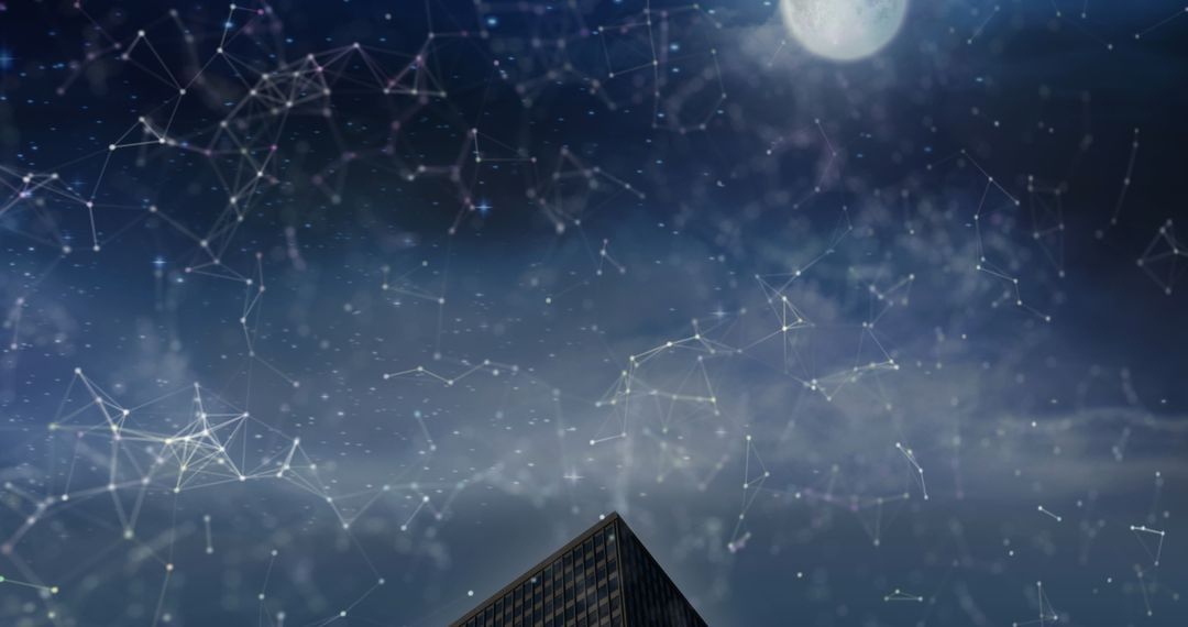 Digital Data Network Overlayed on Corporate Building at Night