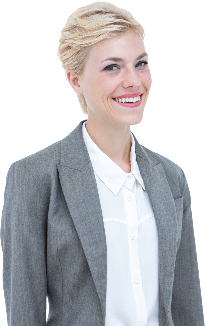 Transparent Smiling Businesswoman in Grey Suit