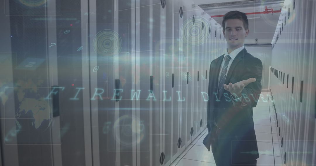 Businessman Interacting with Virtual Firewall Security in Server Room