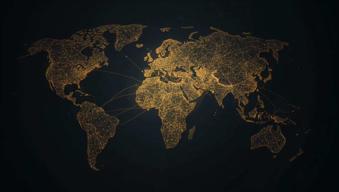 Global network map glowing with golden mesh and pulsing node connections