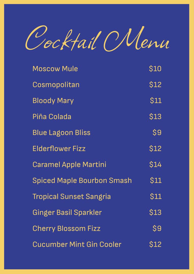 Elegant Cocktail Menu on Rich Blue Background with Gold Border - Download Free Stock Templates Pikwizard.com