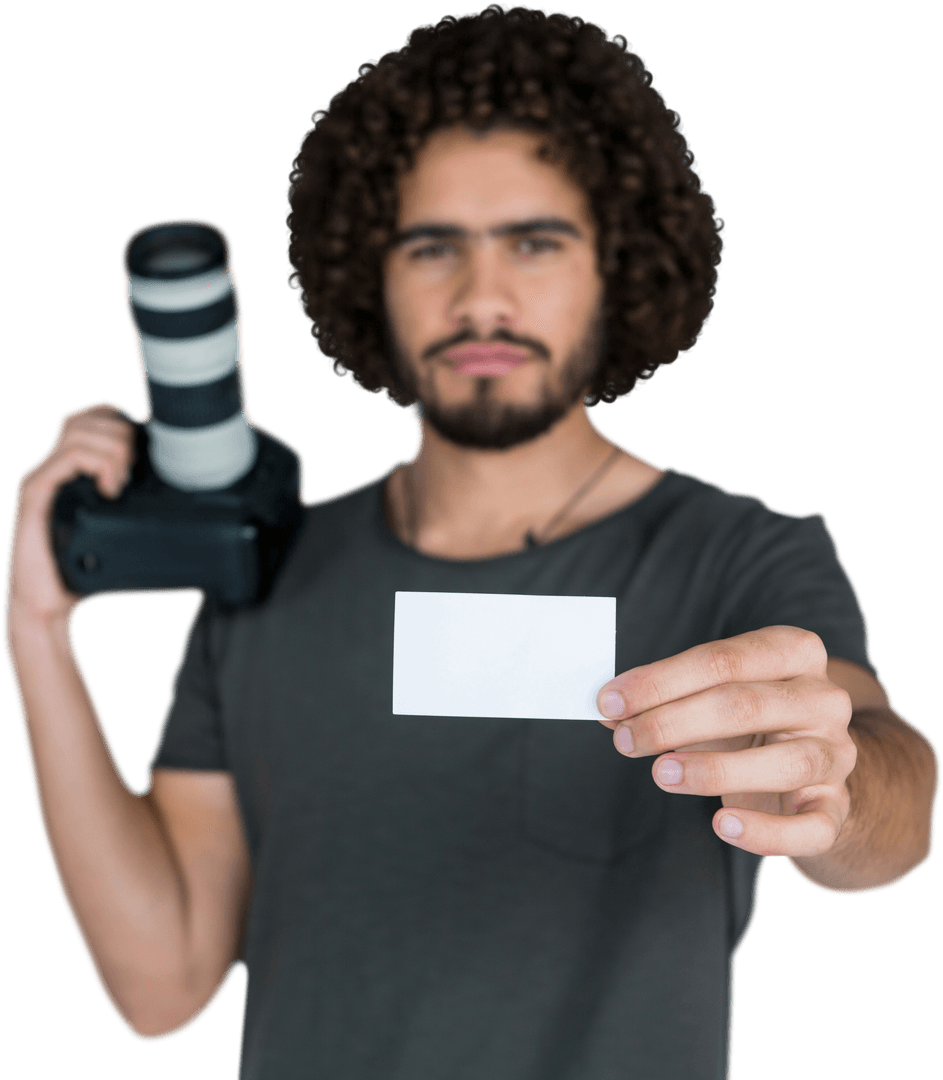 Transparent Background: Photographer Presenting Blank Card and Camera