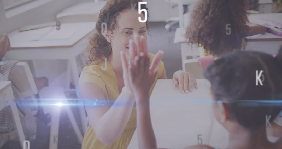 Excited Teacher High-Fiving Student in Modern Classroom