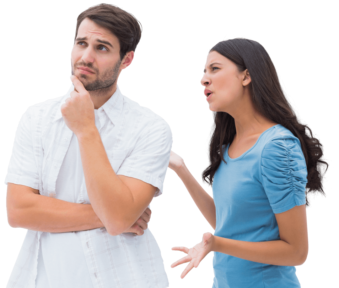Transparent Angry Woman Shouting at Thoughtful Man