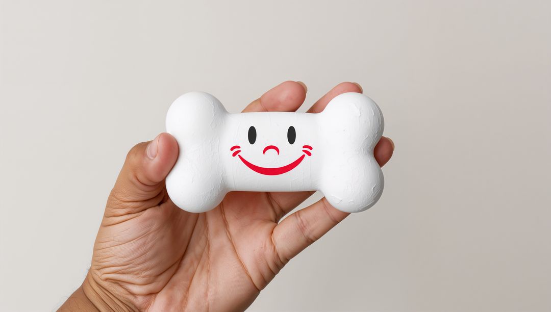 Hand Holding White Bone Dog Toy with Smiling Face on Neutral Background