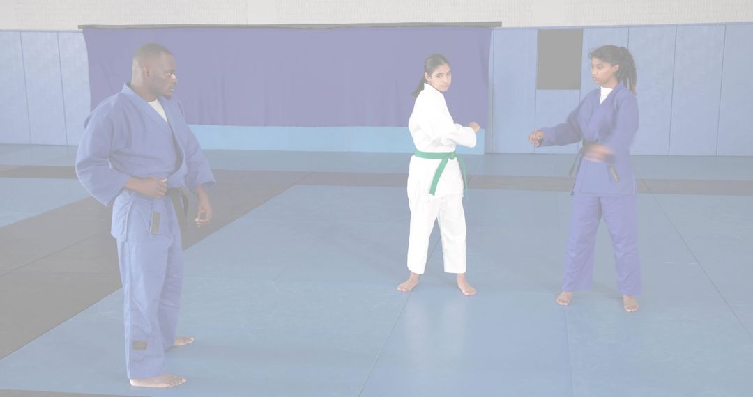 Martial arts instructor guiding students practicing judo sparring on dojo mats