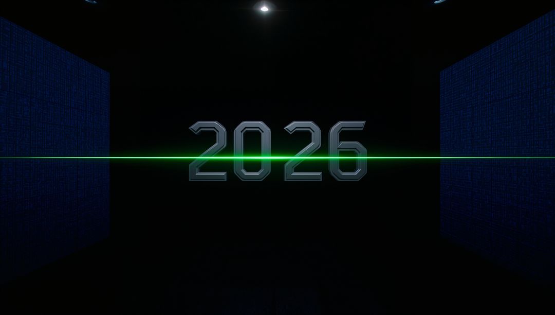 2026 Metallic Numerals Being Bisected by Green Laser on Futuristic Neon Stage