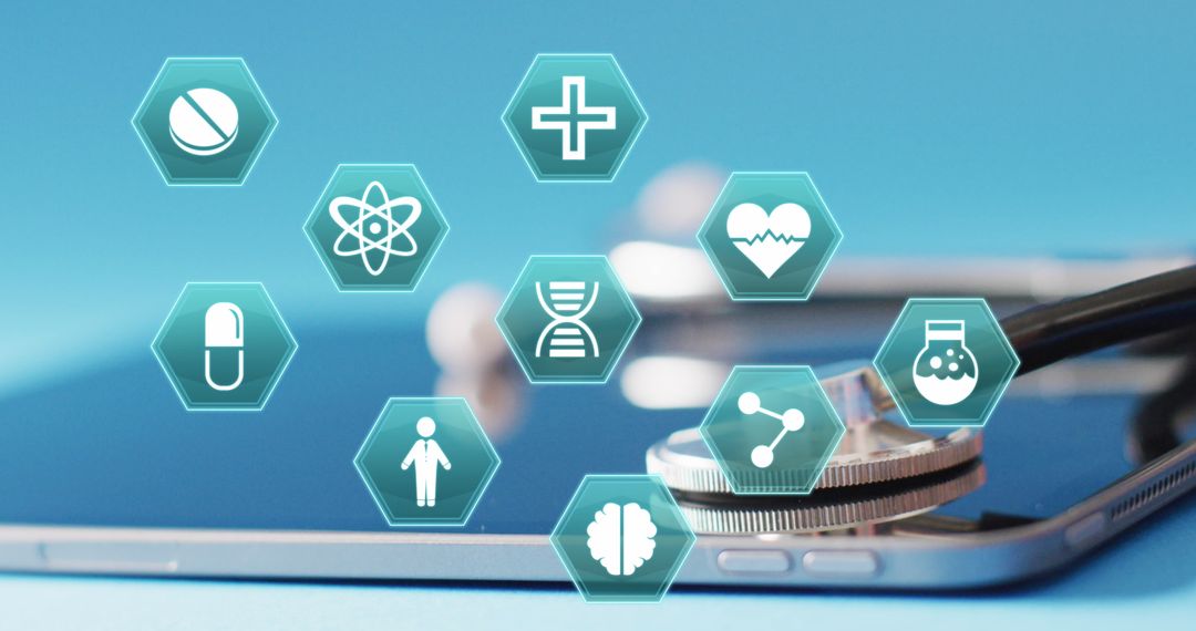 Medical Icons Floating Above Tablet With Stethoscope