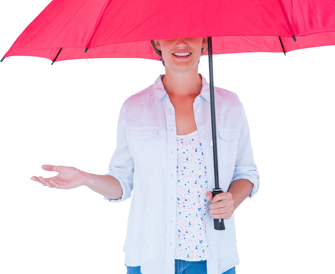 Transparent Background Woman with Red Umbrella Smiling
