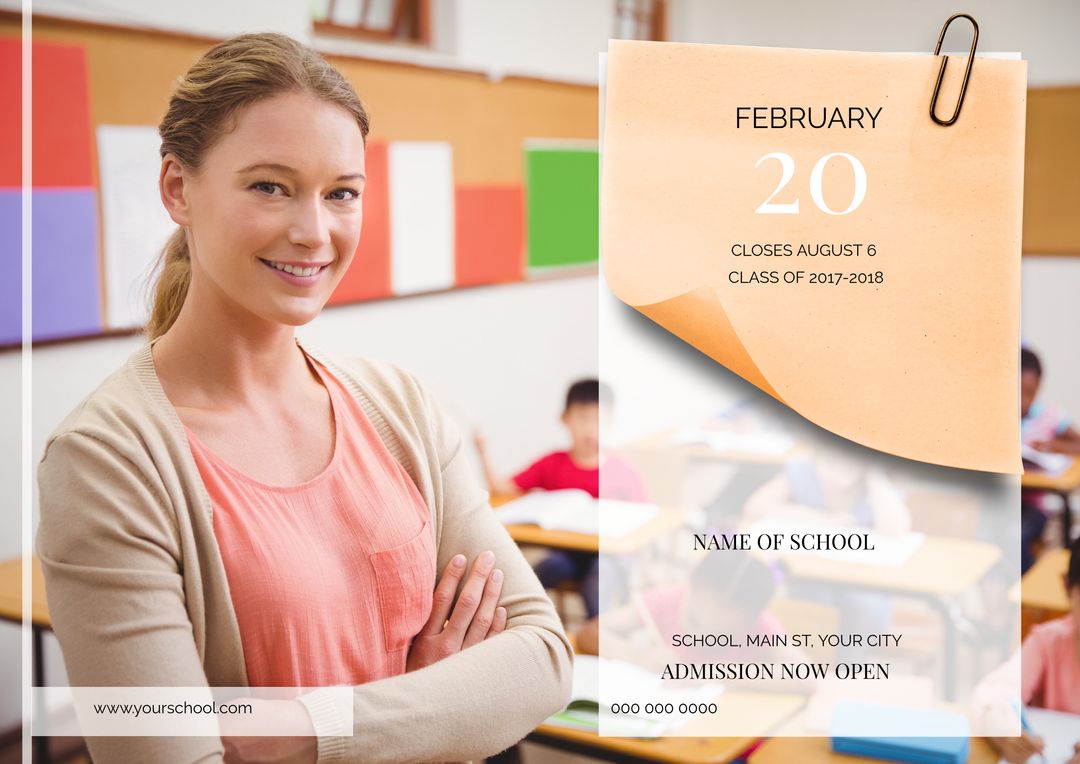 Smiling Teacher Encouraging Enrollment in Busy Classroom