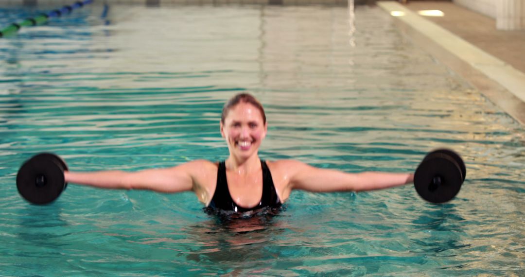 Fit Woman Smiling During Aqua Aerobics with Foam Dumbbells in Pool - Free Images, Stock Photos and Pictures on Pikwizard.com