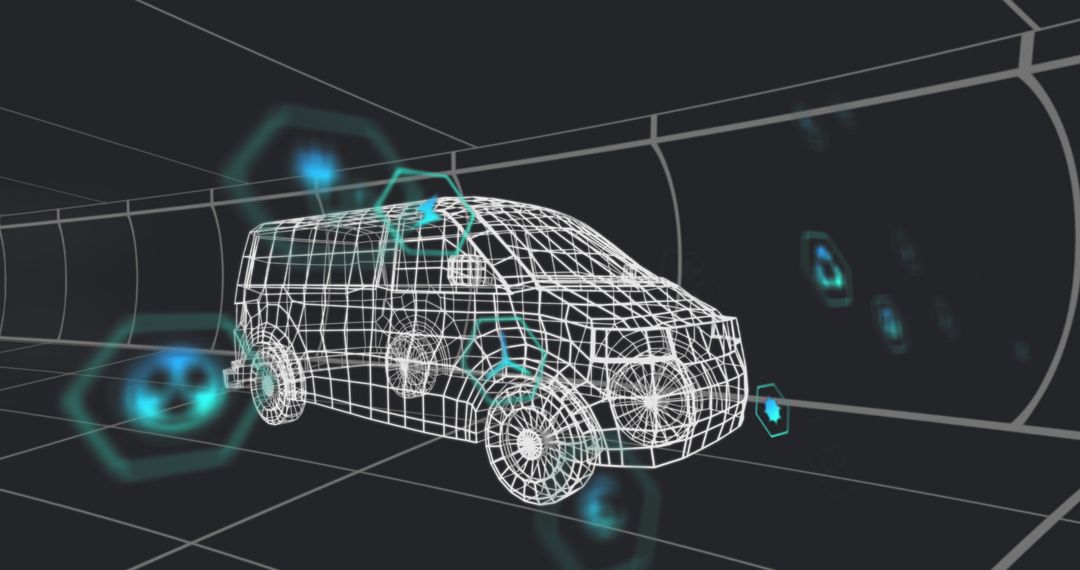 Digital 3D Van Model with Futuristic Icons in Tunnel