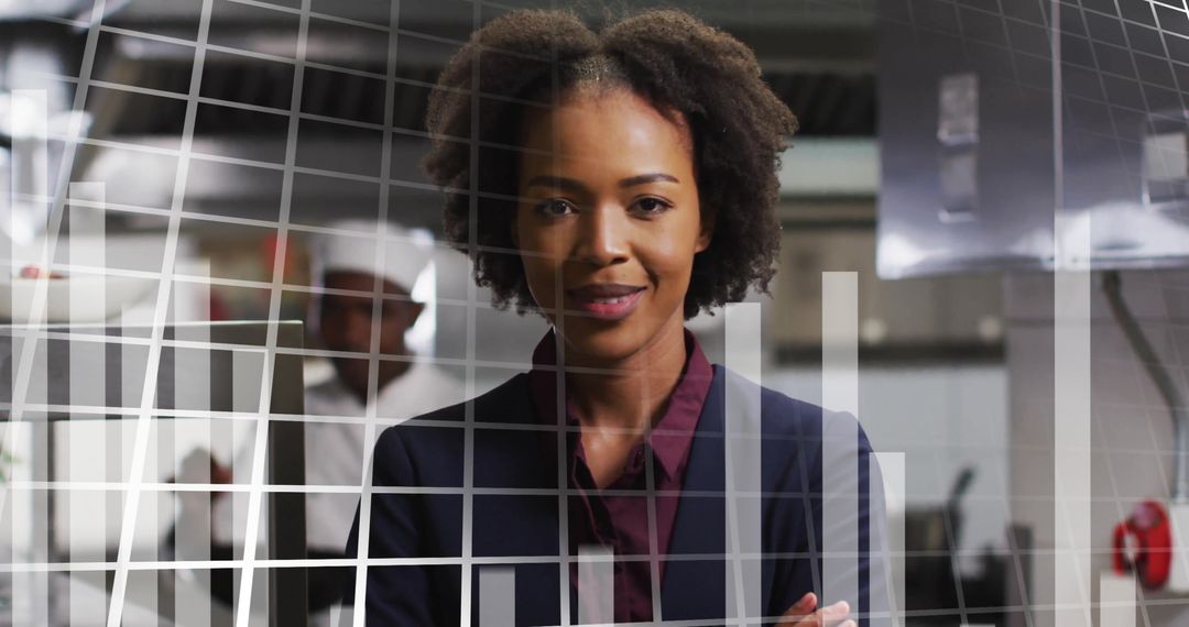 Confident Businesswoman Analyzing Financial Data with Overlay