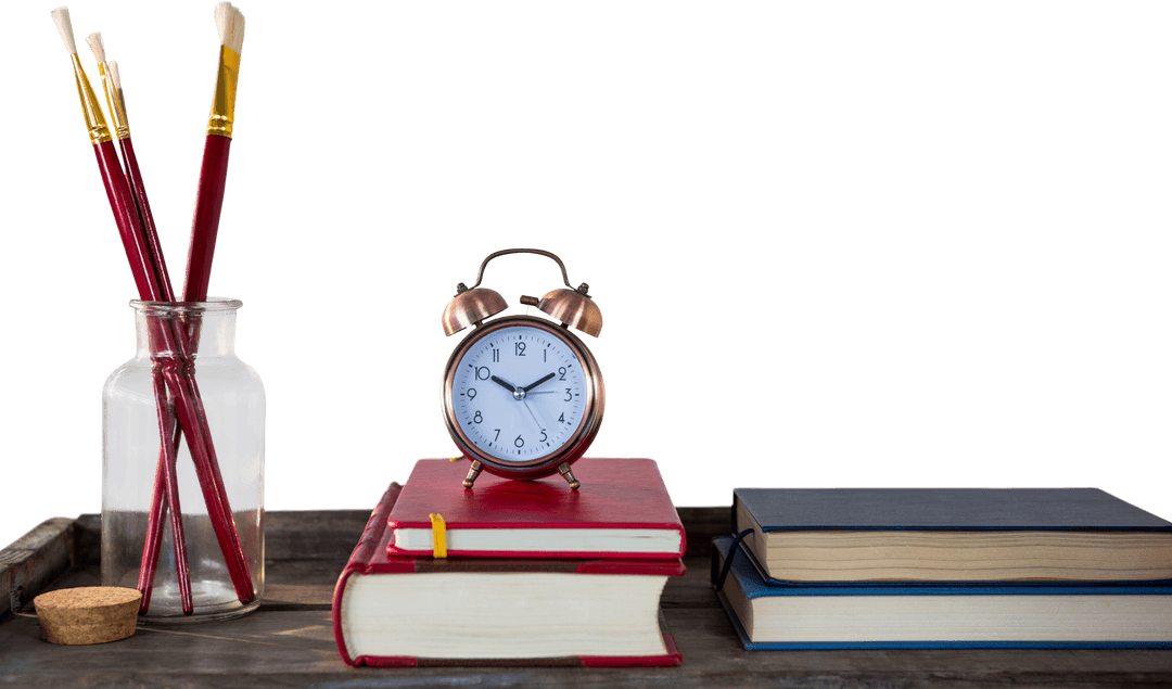 Transparent Desk Tabletop with Books, Alarm Clock, and Paint Brushes
