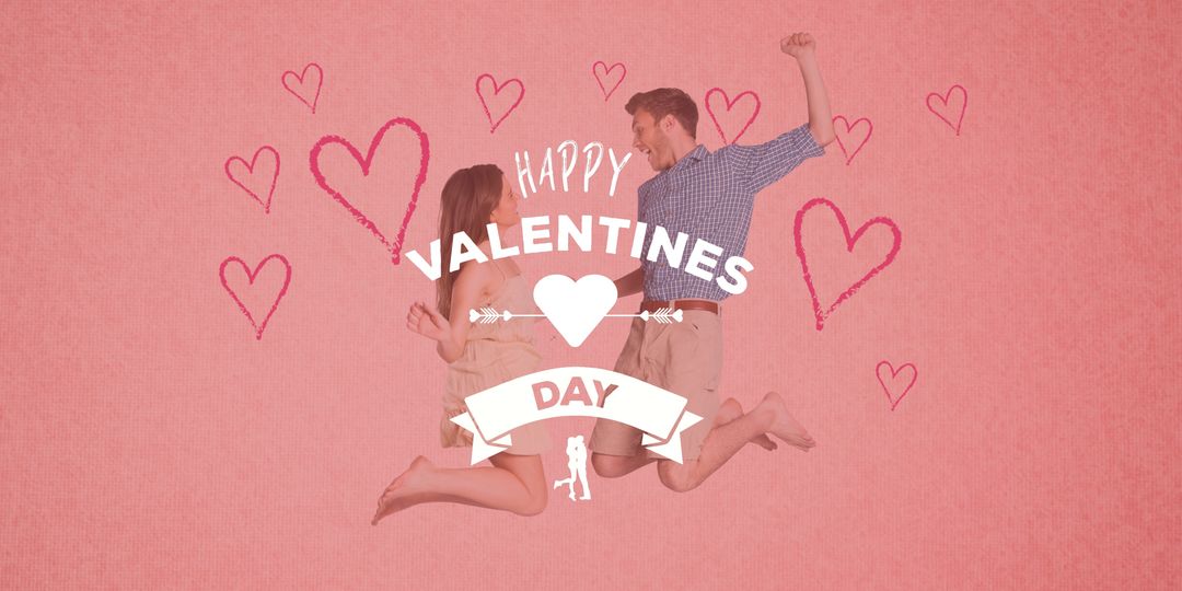 Joyful Couple Jumping with Valentine's Day Greeting Background