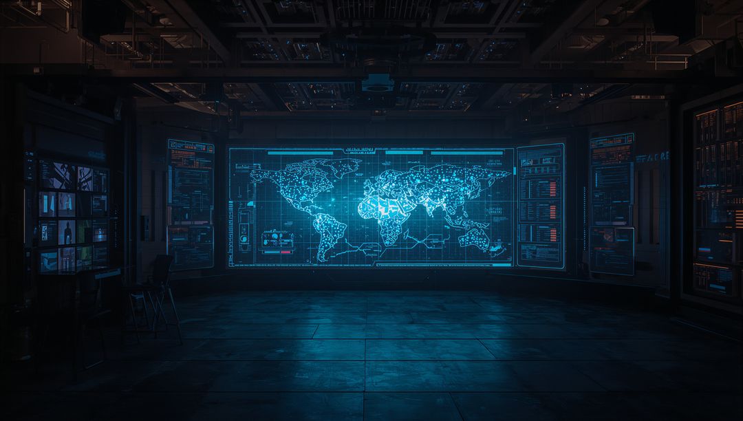 Futuristic Command Center with Holographic World Map Display