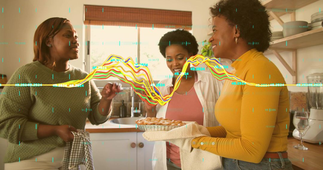 Sharing homemade pie while laughing in sunlit kitchen with colorful waveform overlay