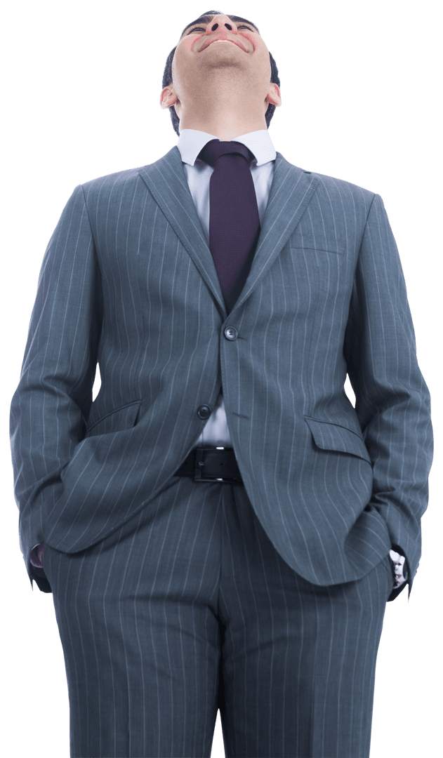 Transparent Confident Businessman in Suit Smiling Upwards Isolated