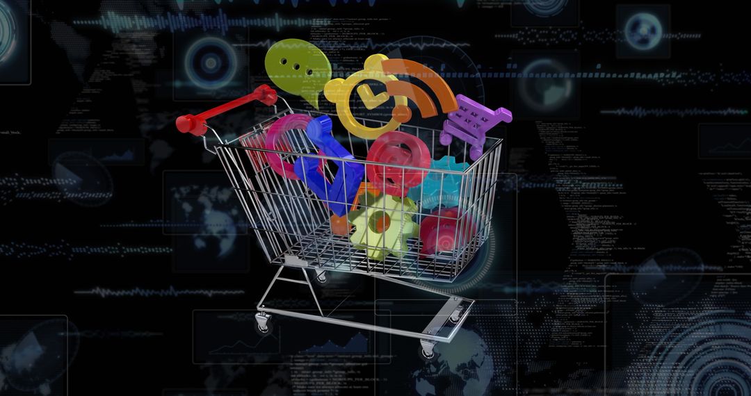 Digital marketing icons in shopping cart illustrate online shopping concept