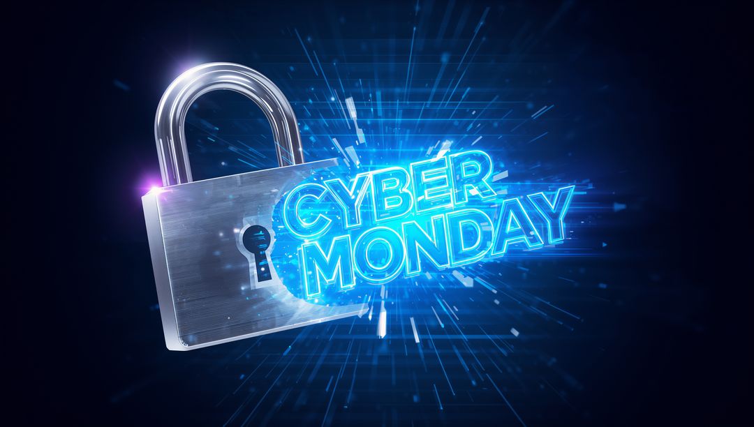 Featuring metallic padlock and glowing neon Cyber Monday text with digital security burst