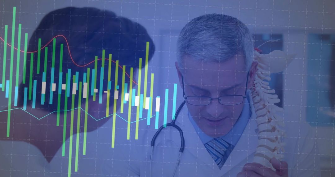 Senior Doctor Analyzing Spine Model with Financial Data Overlay