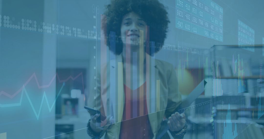 Business Professional with Financial Data Interface in Modern Office