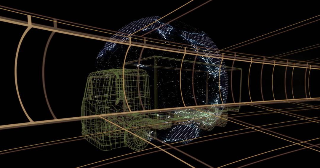 Futuristic Wireframe Truck in Virtual Neon Grid Tunnel