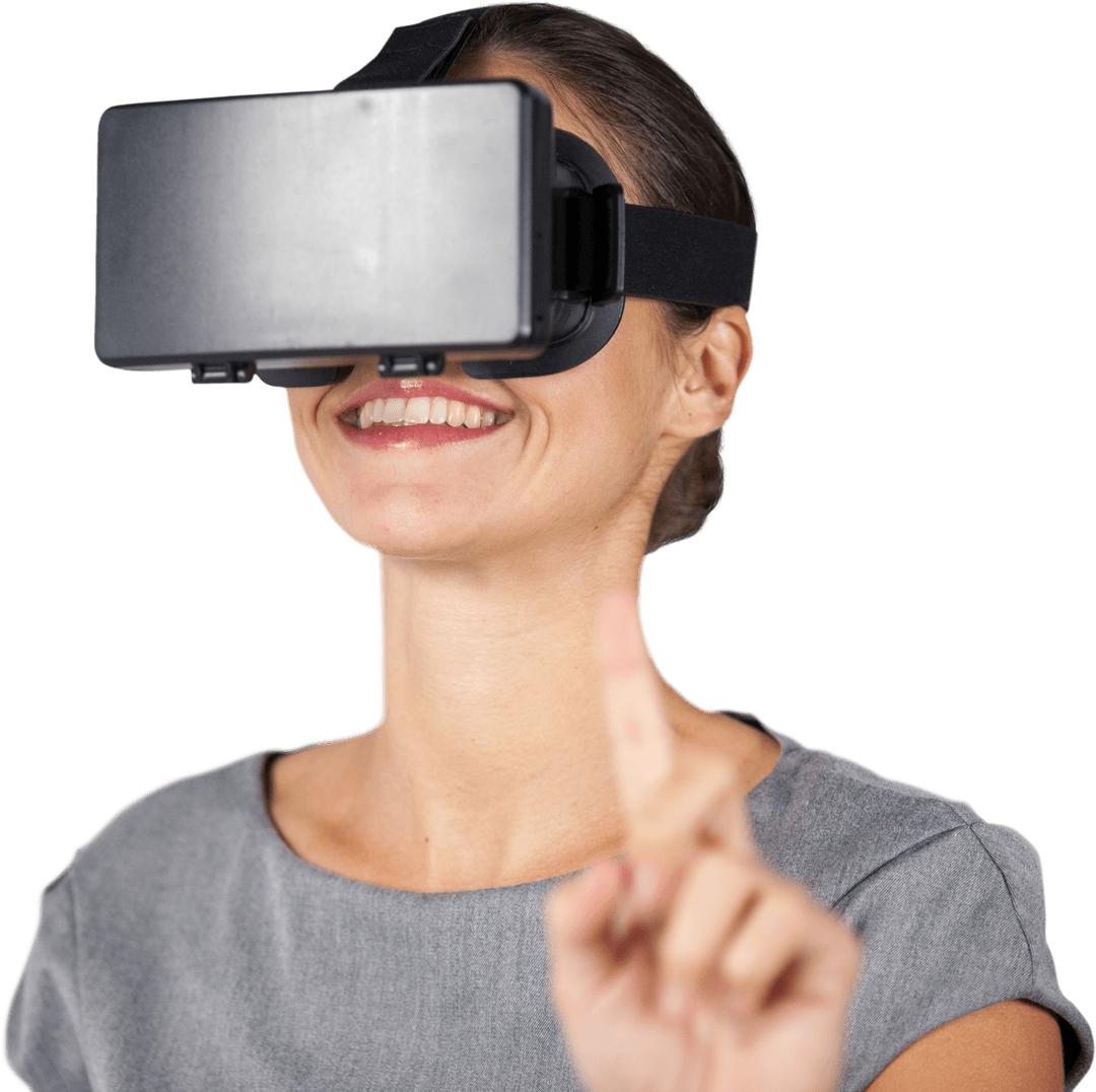 Smiling Woman Engaging with Transparent Virtual Reality Experience