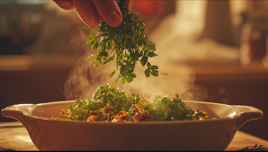 Garnishing Steaming Vegetable Dish with Fresh Parsley