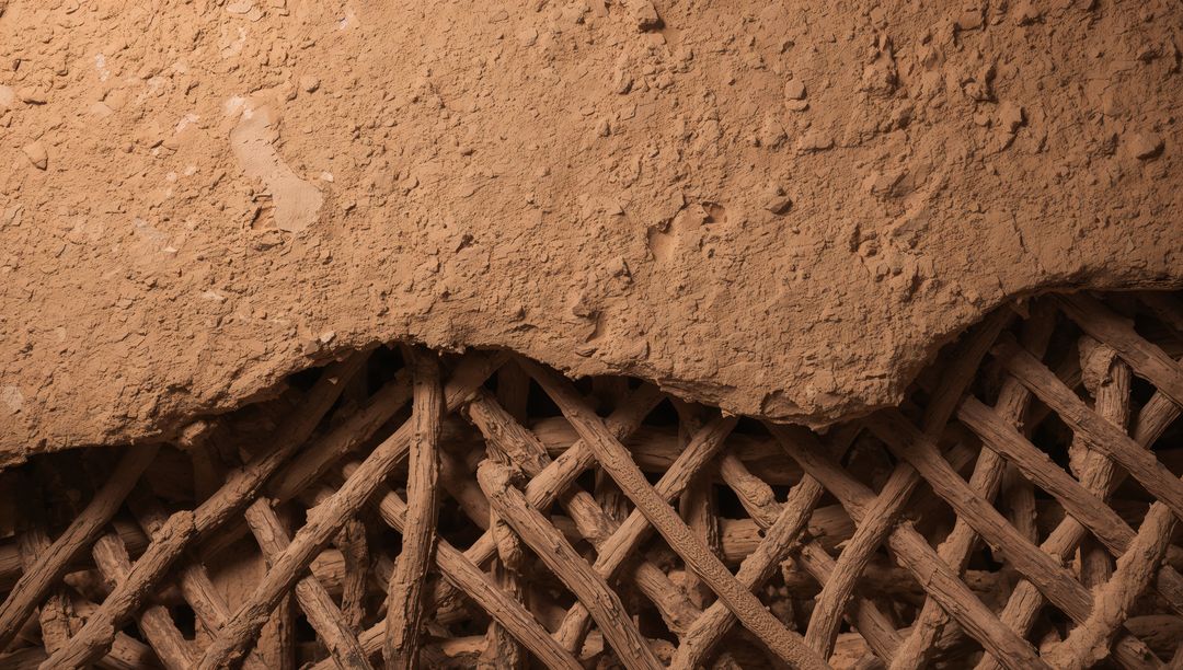 Revealing Woven Wooden Lattice and Eroding Clay Plaster on Earthen Wall Texture