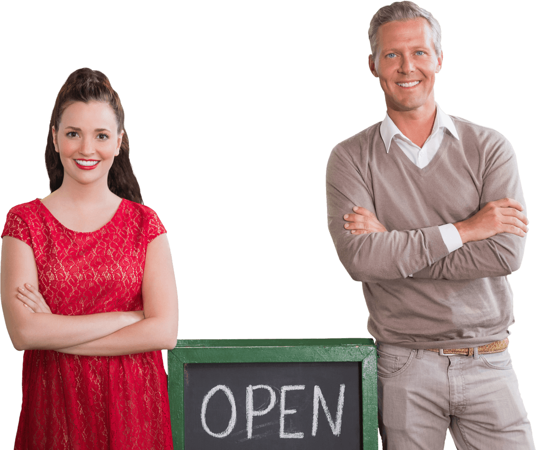 Confident Coworkers Presenting Transparent Open Sign