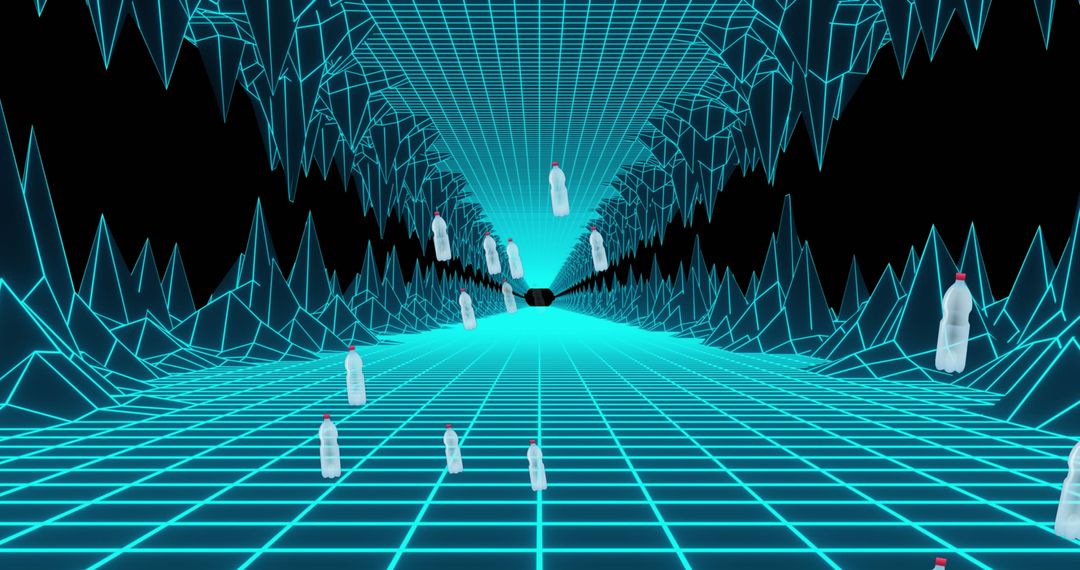 Floating Plastic Bottles in Futuristic Digital Landscape