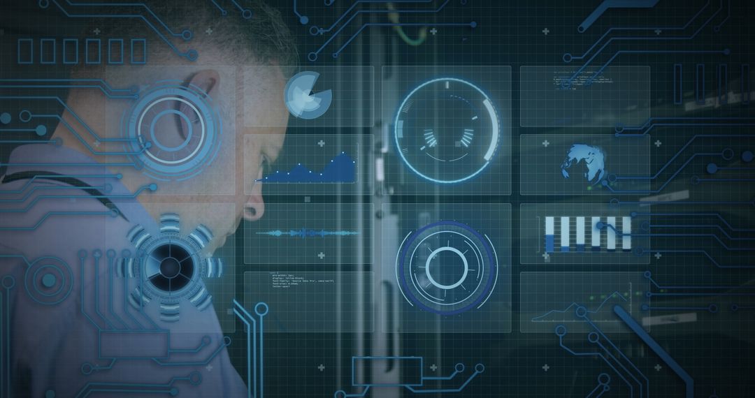 IT Technician Analyzing Data on Digital Interface for Server Maintenance