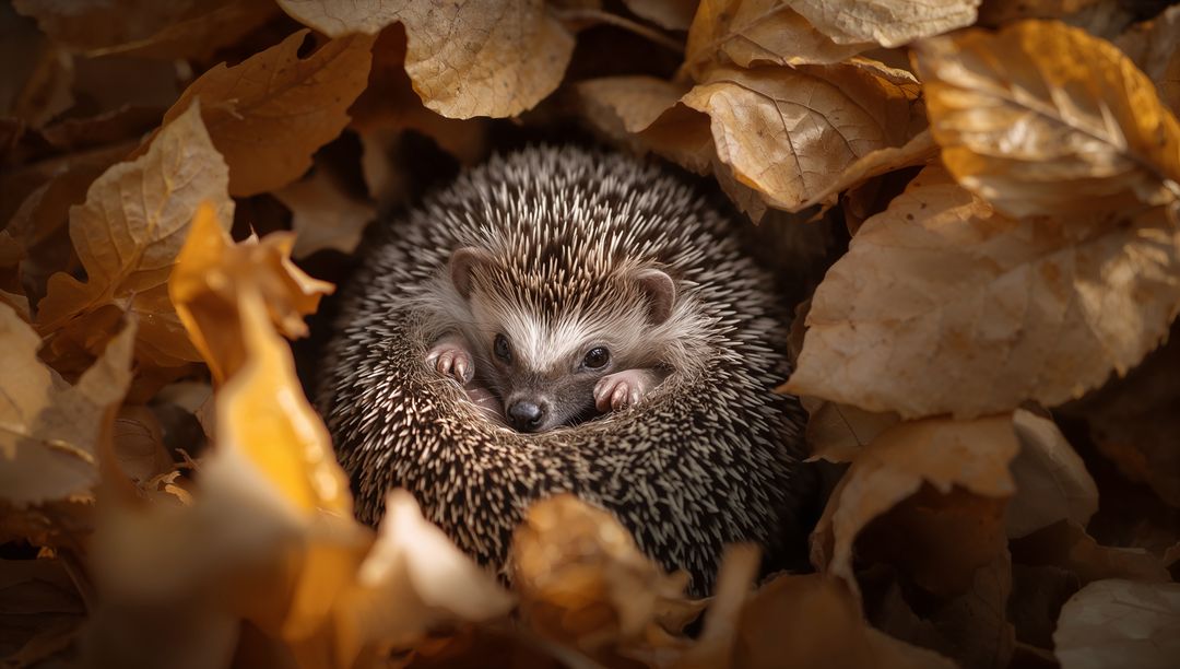 Curled hedgehog resting in autumn leaves closeup showing spines and tiny paws