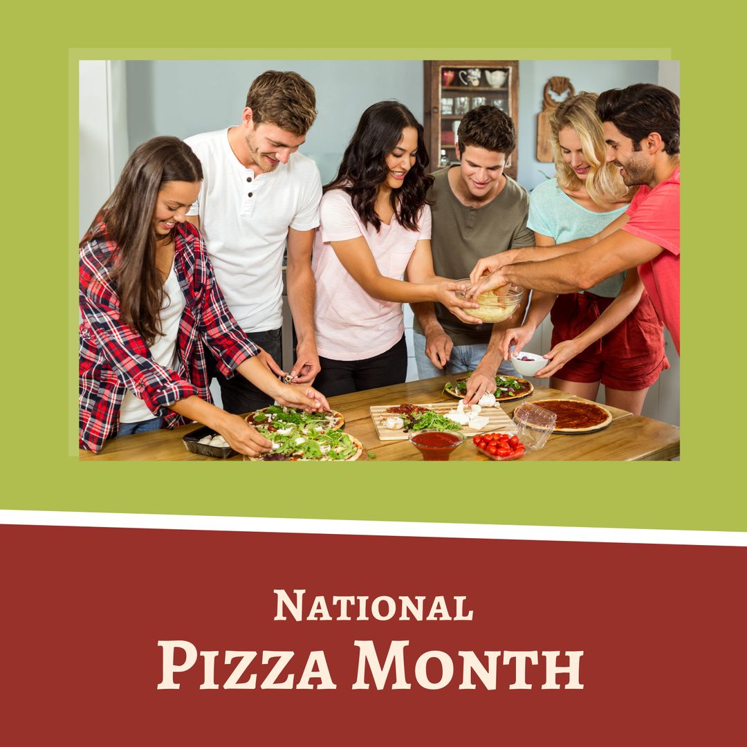 Diverse Group of Friends Celebrating National Pizza Month at Home