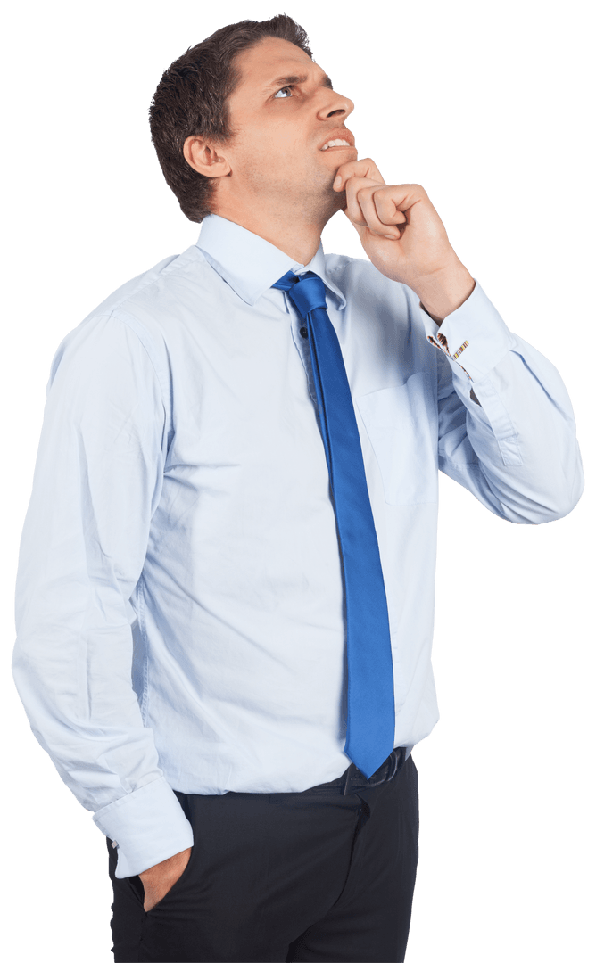 Pensive Businessman with Blue Tie Reflecting
