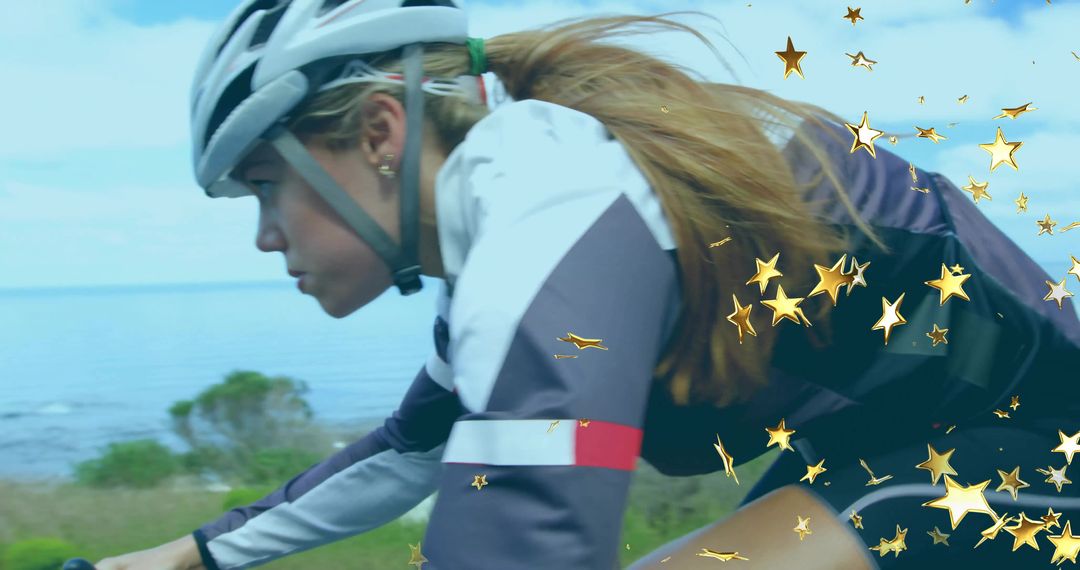 Focused Cyclist Enjoying Scenic Coastal Ride with Star Captions
