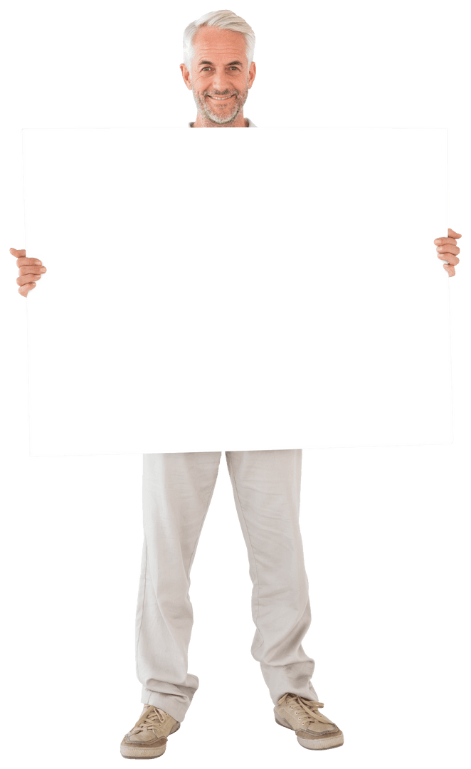Senior Man Smiling Holding Large Transparent Blank Poster