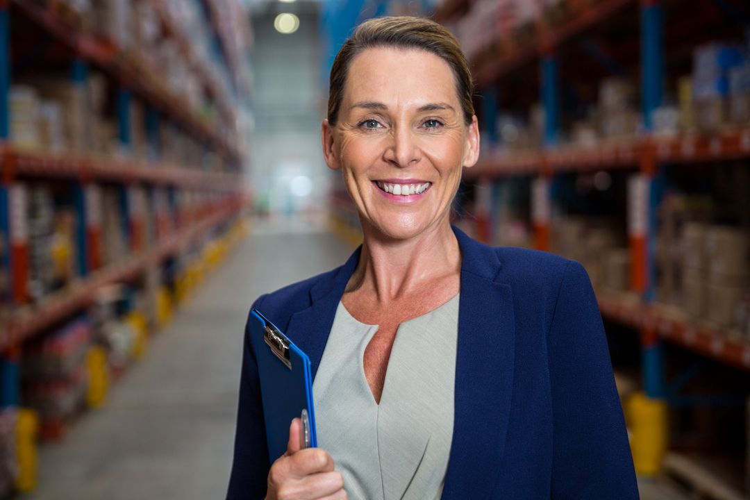 Confident Businesswoman Smiling in Warehouse - Free Images, Stock Photos and Pictures on Pikwizard.com