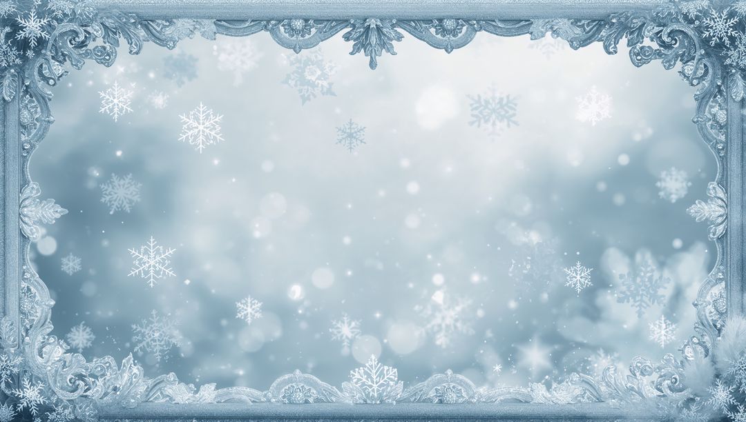 Ornate Frosted Frame with Floating Snowflakes and Soft Blue Bokeh Background